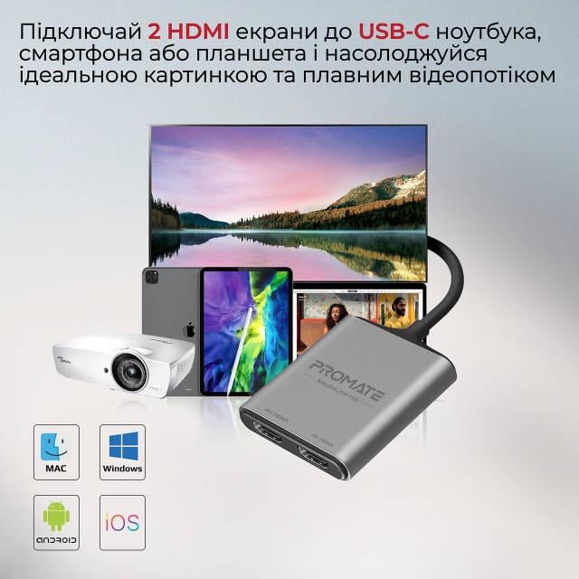 Перехідник Promate MediaLink-H2 USB Type-C to 2xHDMI 4K Grey - фото 2