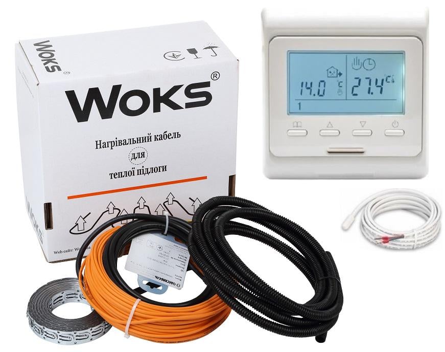 Нагрівальний кабель Woks 6,8 м²-8,5 м²/1220 Вт 68 м/18 Вт/м з програмованим терморегулятором E51