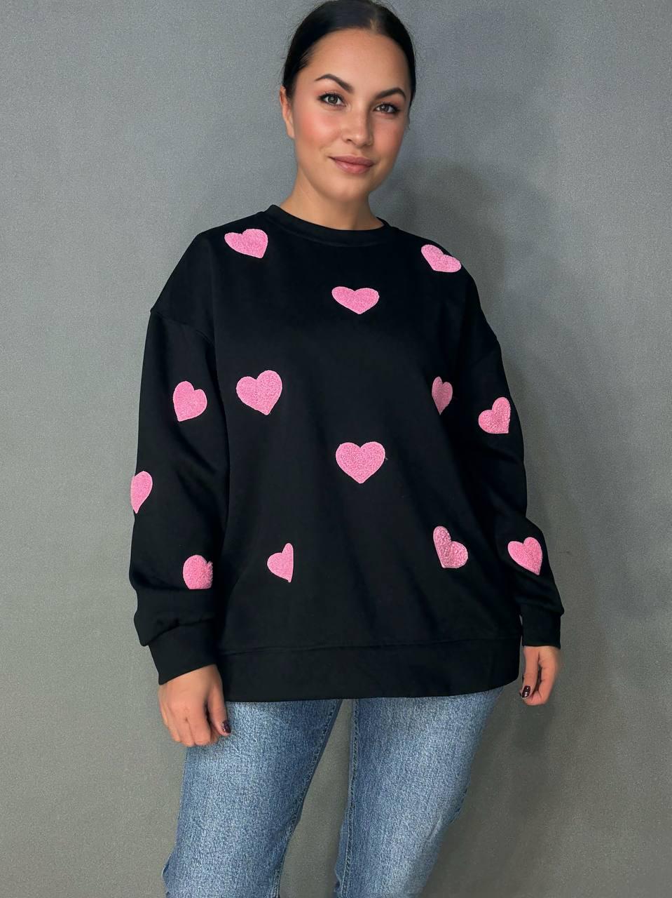 Свитшот женский W 2975 удлиненный махровые сердца OS Черный (2407) - фото 6 Свитшот женский W 2975 удлиненный махровые сердца OS Черный (2407) - фото 6