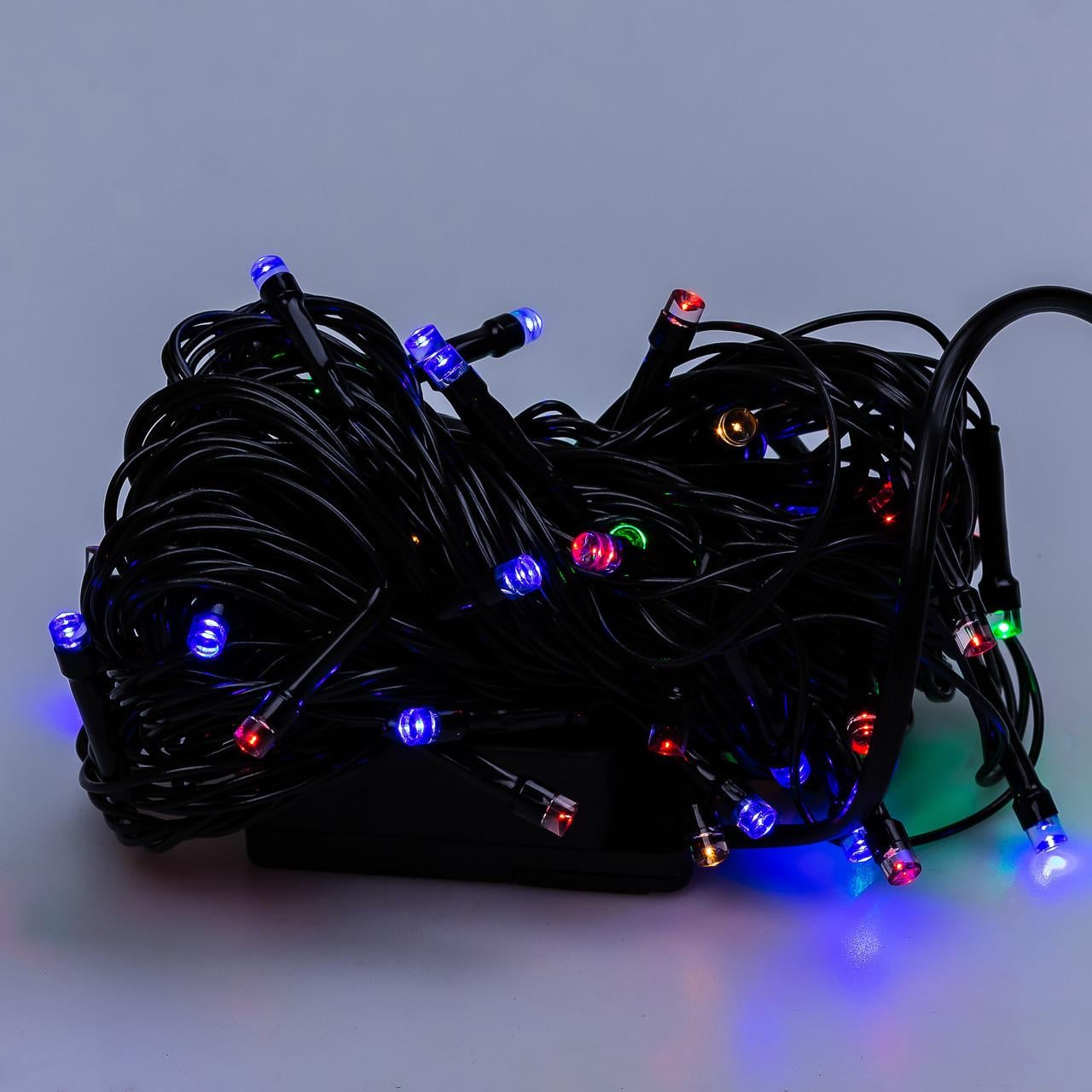 Гирлянда нить 6 м на 100 LED лампочек светодиодная черный провод 8 режимов работы