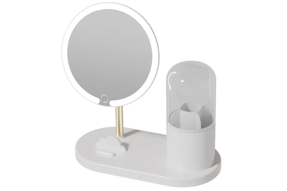 Зеркало с LED подсветкой круглое с тубусом для хранения косметики Белый (17336)