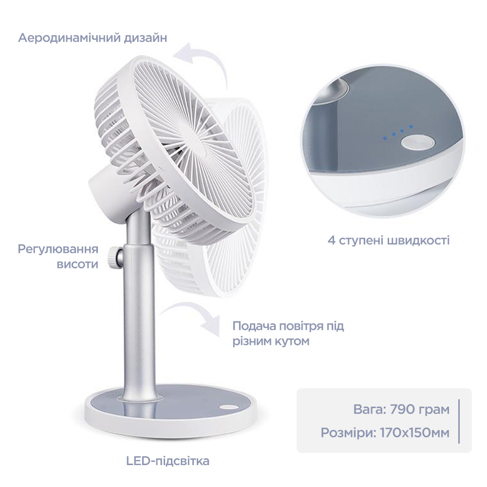 Вентилятор настільний Losso LJQ-117 акумуляторний з LED-підсвіткою Білий (234143743) - фото 5