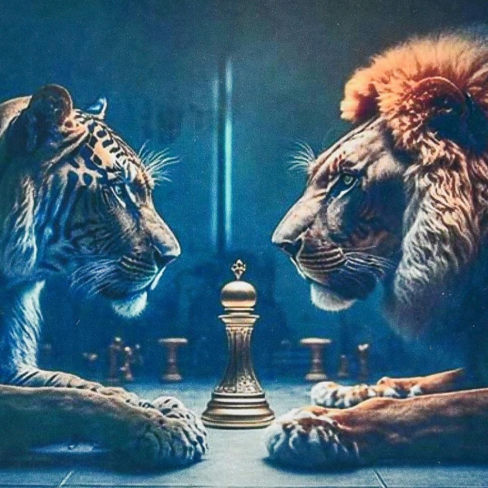 Алмазная мозаика Strateg Тигр со львом 30х30 см (HEE13830) Алмазная мозаика Strateg Тигр со львом 30х30 см (HEE13830)