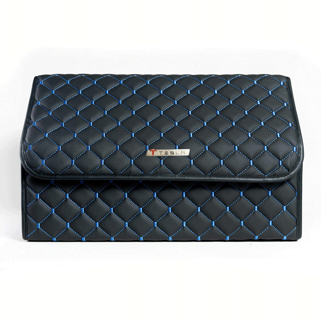 Сумка-органайзер с лого Tesla в багажник CarsBAG Экокожа 30x50x30 см Черно-синий (acb-1036-8-30х50х30-9)