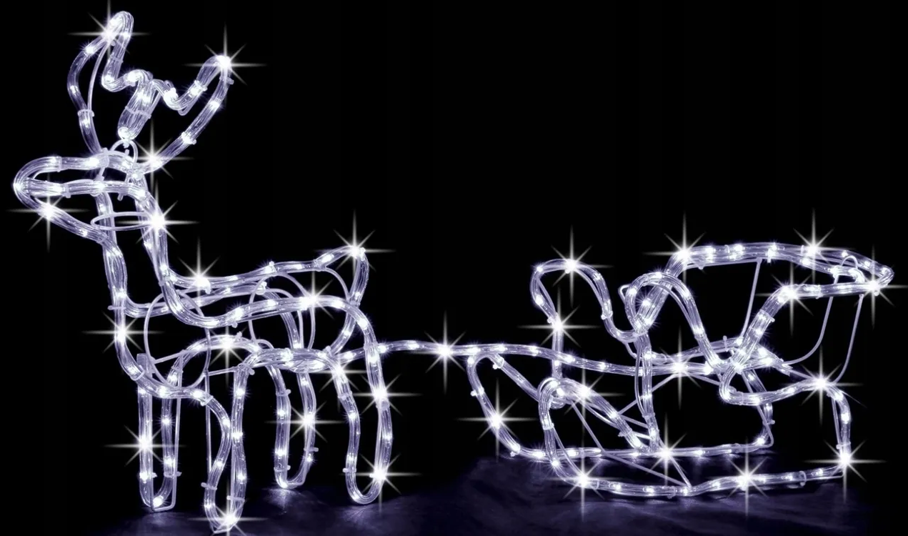 Светодиодная фигура из дюралайта «Новогодний олень» с санями маленький от сети Холодный Белый