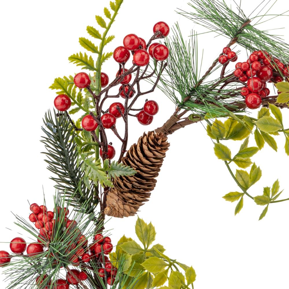 Новорічний ягідний вінок для декору з листям і шишками Зелений (147-81-024NT/red) - фото 2 Новорічний ягідний вінок для декору з листям і шишками Зелений (147-81-024NT/red) - фото 2