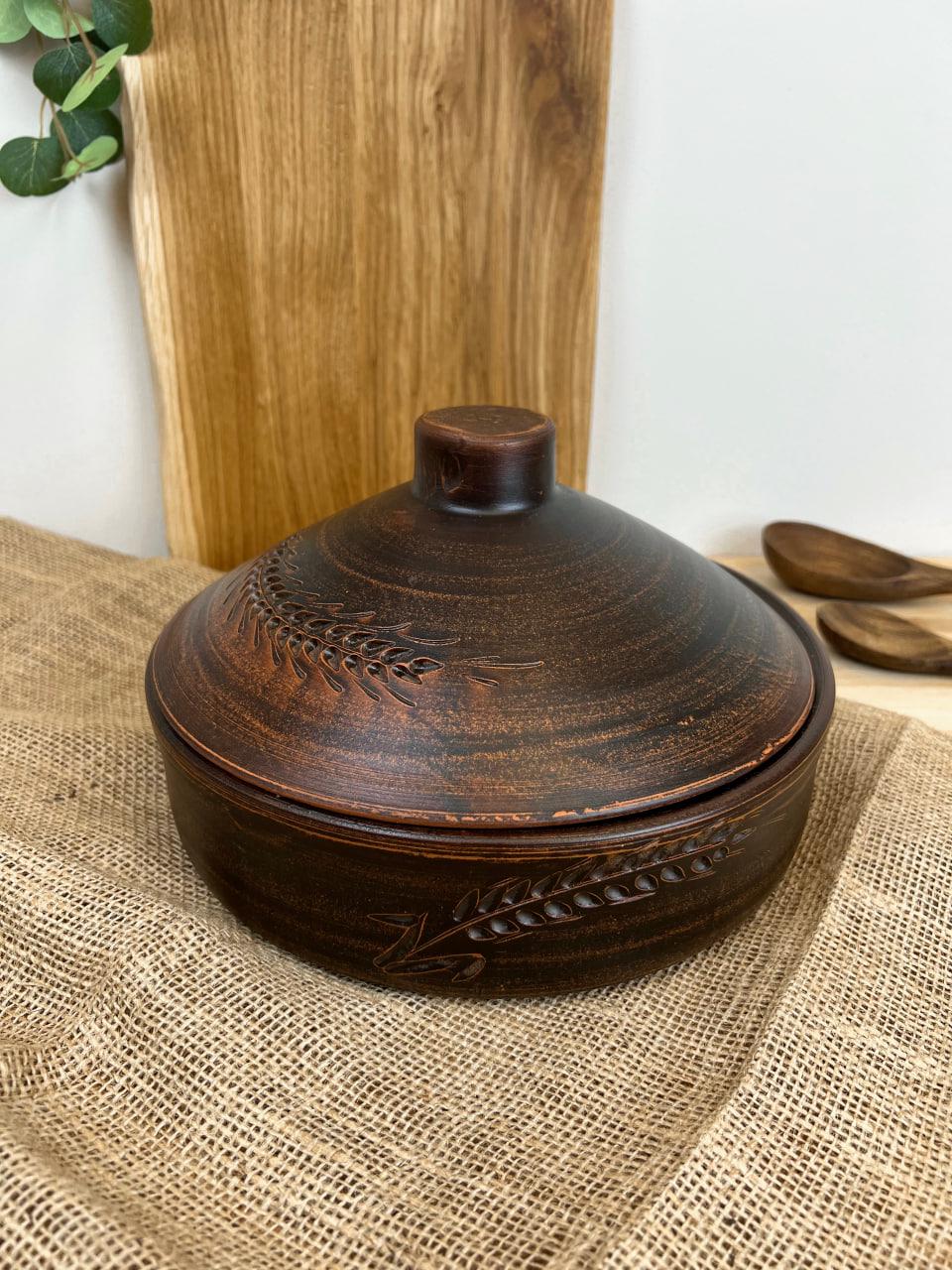 Сковорода керамическая глиняная с крышкой резная колосок 3 л (3002-7)