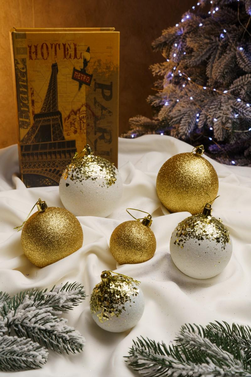 Ялинковий набір куль з блискітками Бите Скло Золотий/Білий (VYA678118) - фото 4