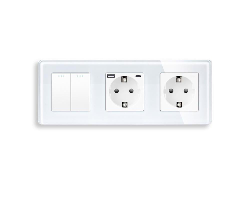 Выключатель проходной универсальный ELIOS 2-клавишный с розеткой USB A+C 20Вт с заземлением стекло Белый