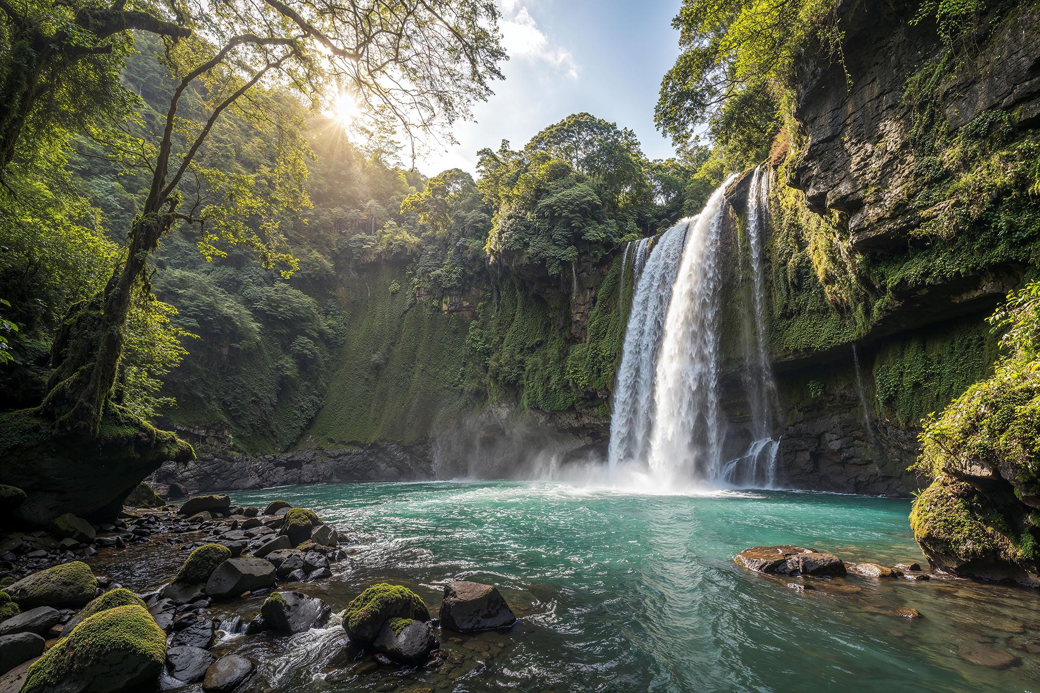 Фотообои флизелиновые Лучи солнца сквозь водопад 230х153 см (S5NTR-087/3)