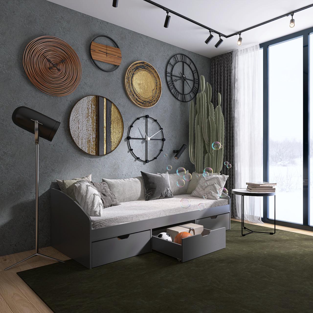 Кровать односпальная с ящиками Еверест Комфорт-3 сплошной щит Графитовый (е-20710)