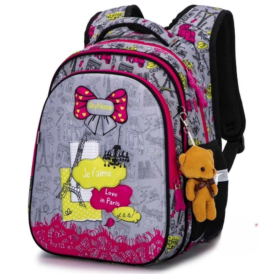 Школьный рюкзак для девочки SkyName Париж 6-13 лет с ортопедической спинкой Серо-розовый (R1-022)