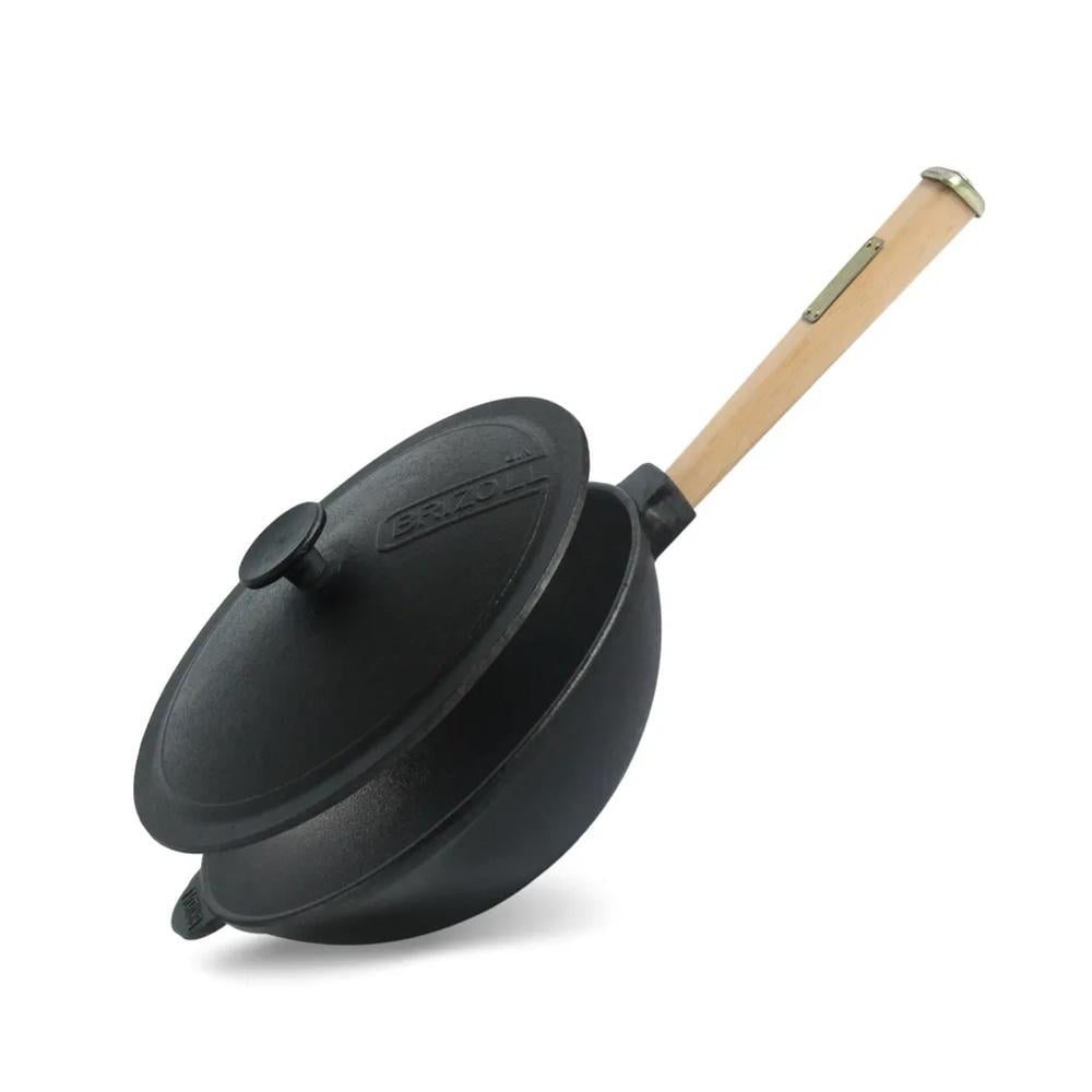 Сковорода Brizoll WOK чугунная с деревянной ручкой и чугунной крышкой 2,8 л 260х80 мм (93-90-W26H-1)