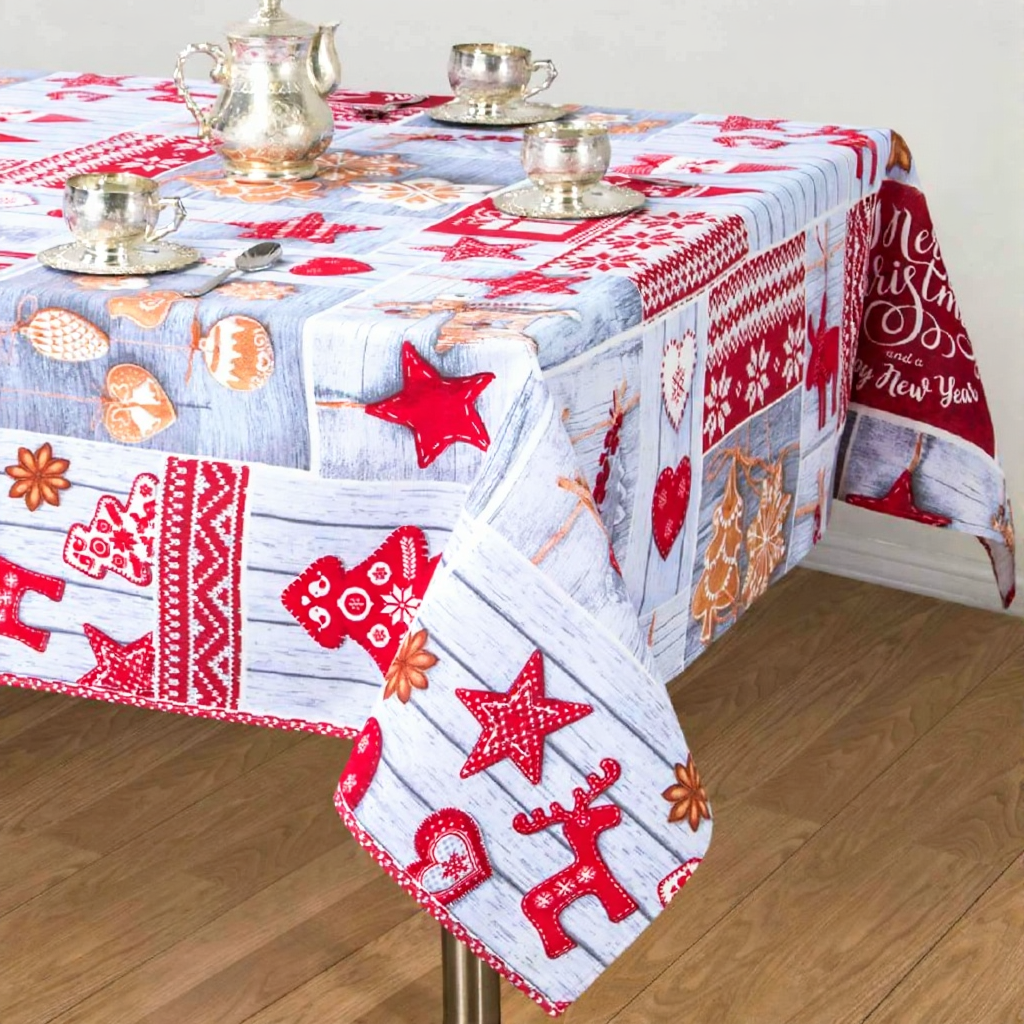 Скатертина льняна 150x180 см Білий із червоним