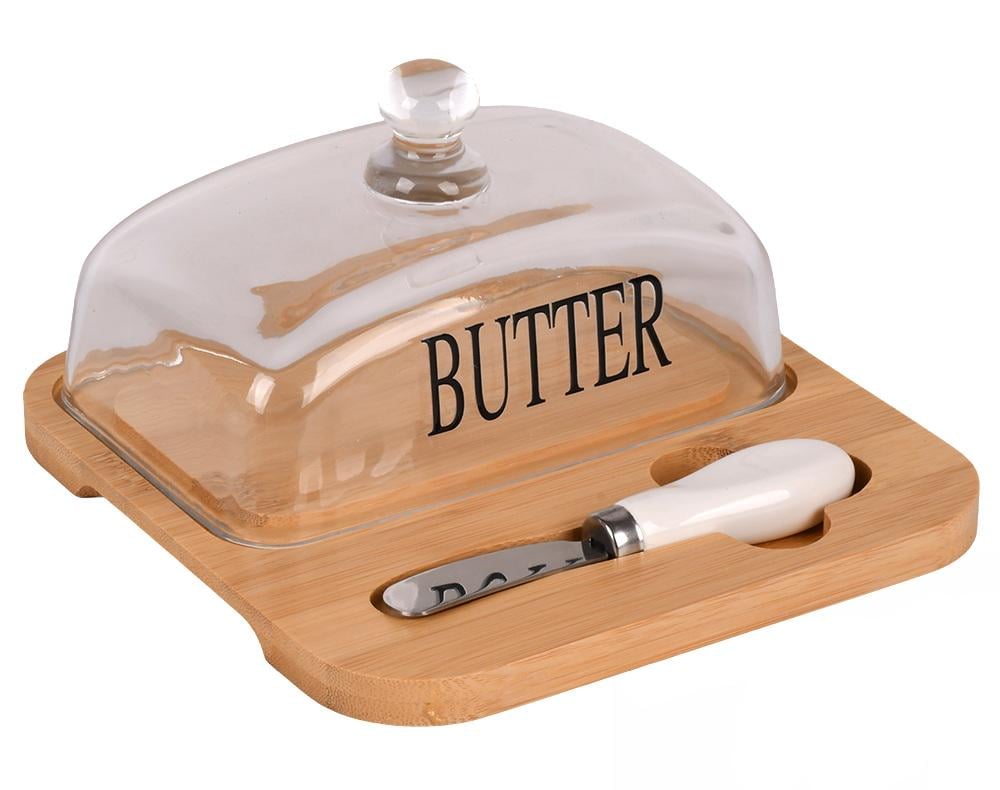 Маслянка Butter зі скляною кришкою/бамбуковою підставкою та ножем 18х18х9 см