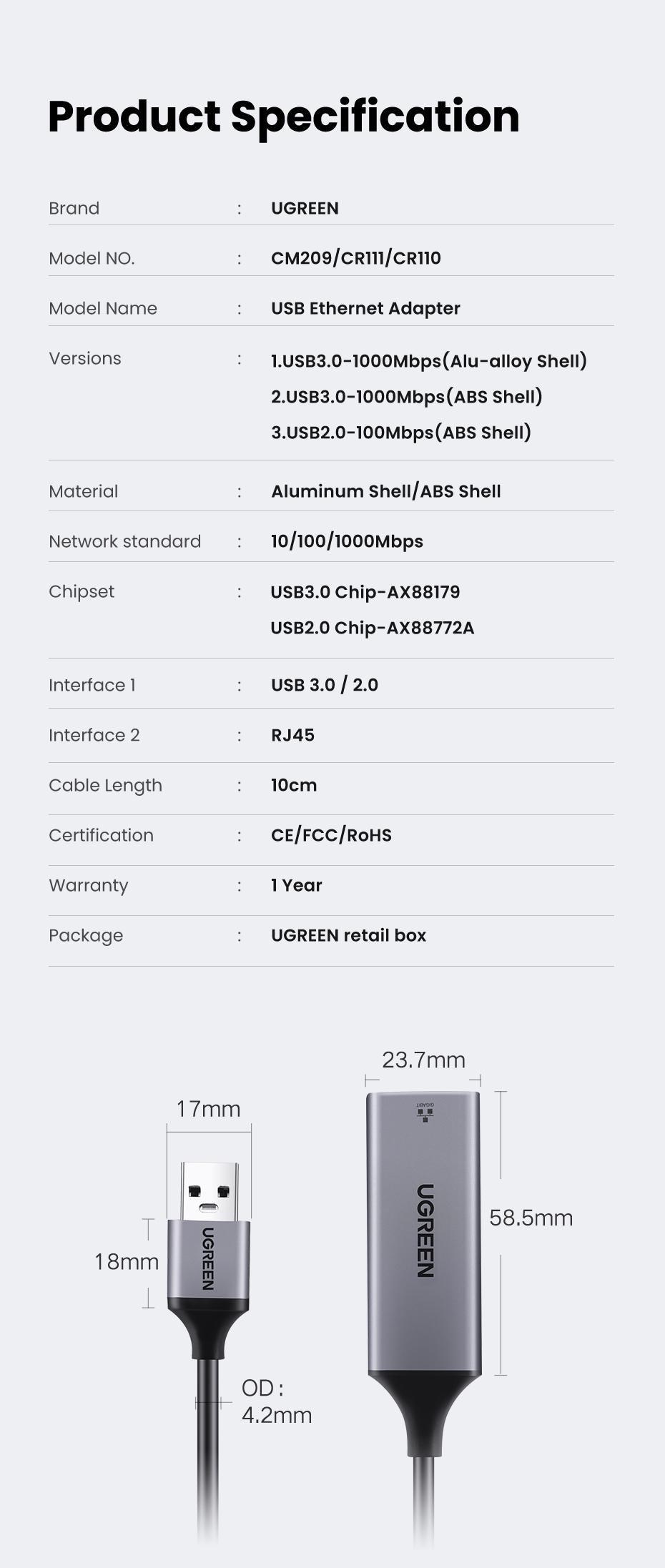 Сетевая карта UGREEN USB-Ethernet 1 Гбит/с LAN USB 3.0-RJ45 1000 Мбит/с металлический Серый (50922) - фото 9