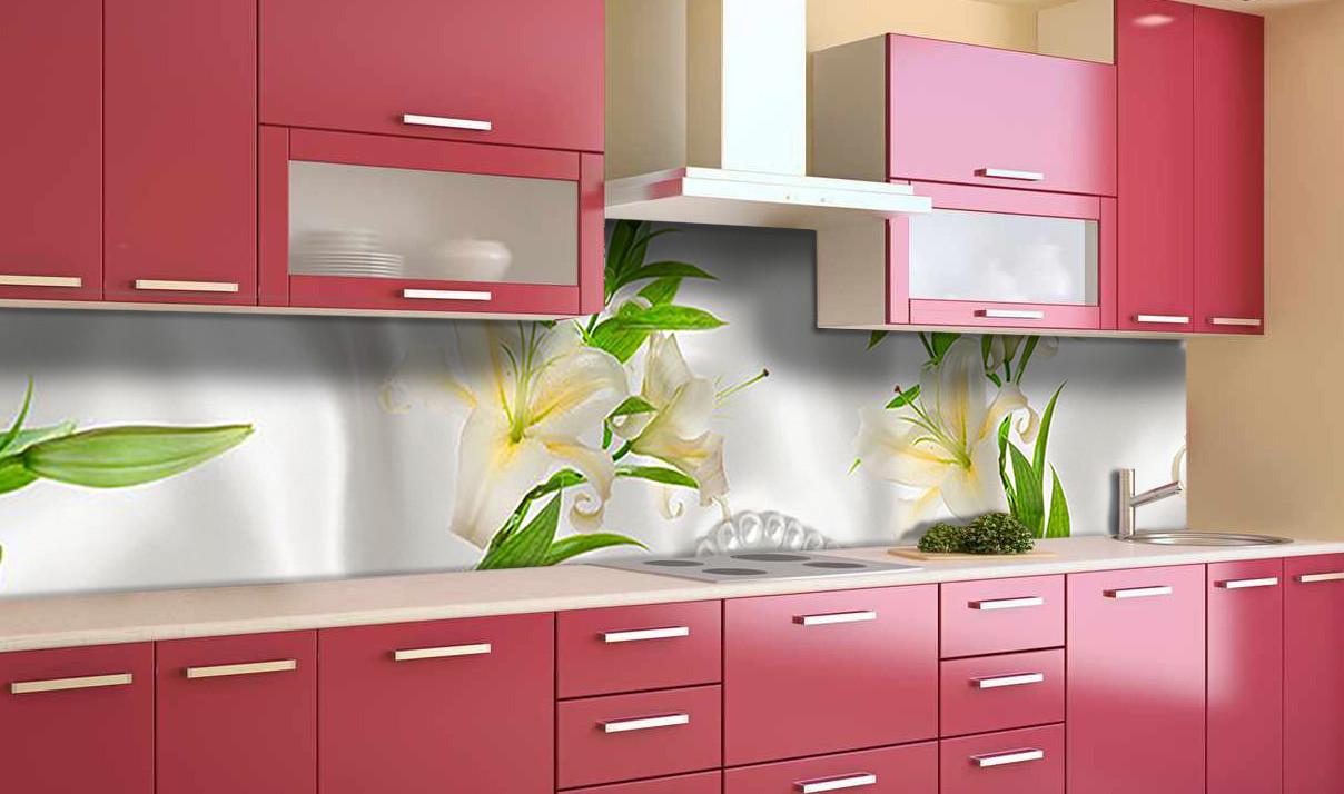 Кухонный фартук Лилии и жемчуг из самоклеющейся виниловой пленки 60х250 см Бежевый