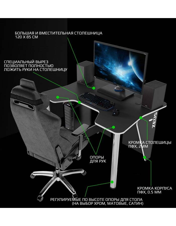 Геймерский стол ZEUS IGROK-3 Черный/Белый - фото 5