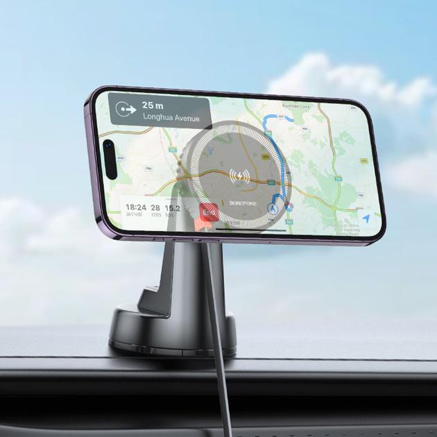 Держатель для телефона в машину Borofone BH208 Mona retractable magnetic wireless fast charging car holder Black (18252877) - фото 7