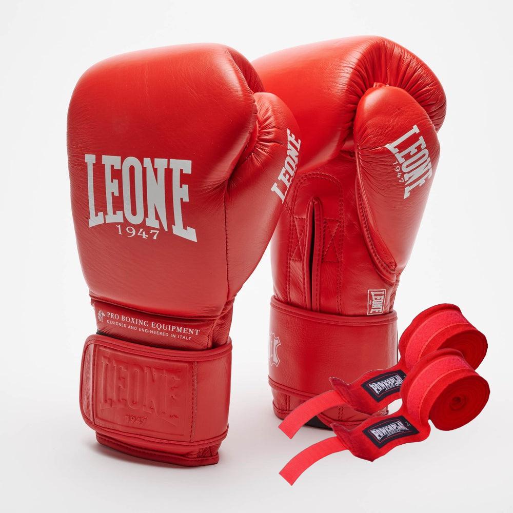Боксерські рукавиці Leone GN111 THE GREATEST 12 унцій бинти 4 м в комплекті Red