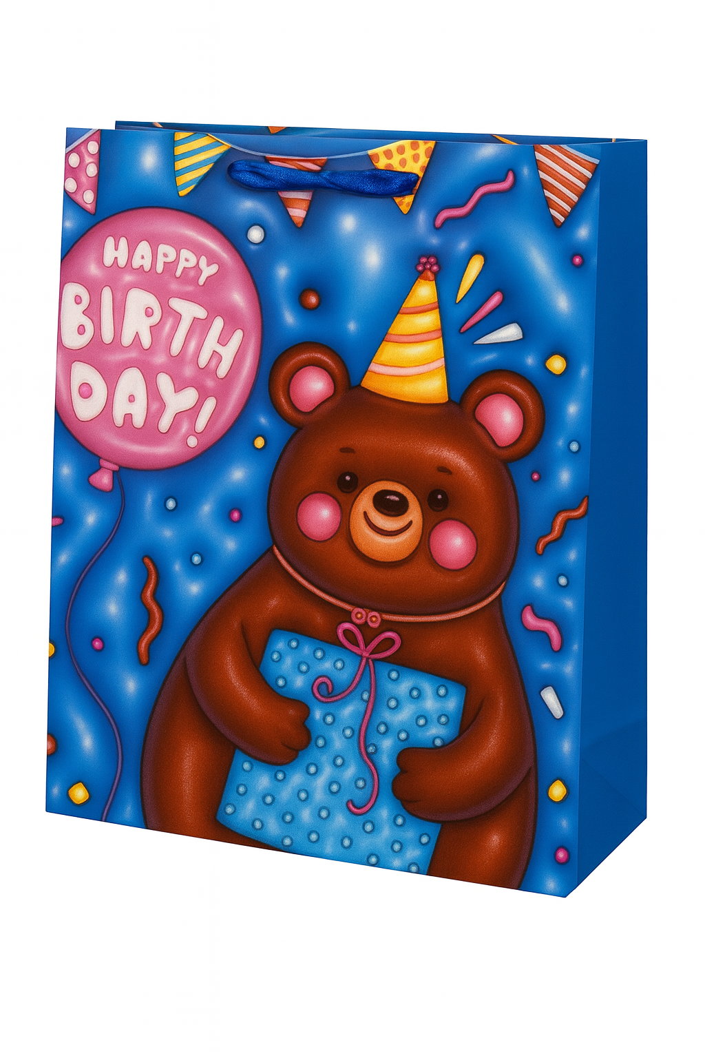 Подарунковий пакет Stenson Happy Birthday 3D з ведмедиком 18х23х8 см Блакитний (R98657-S)