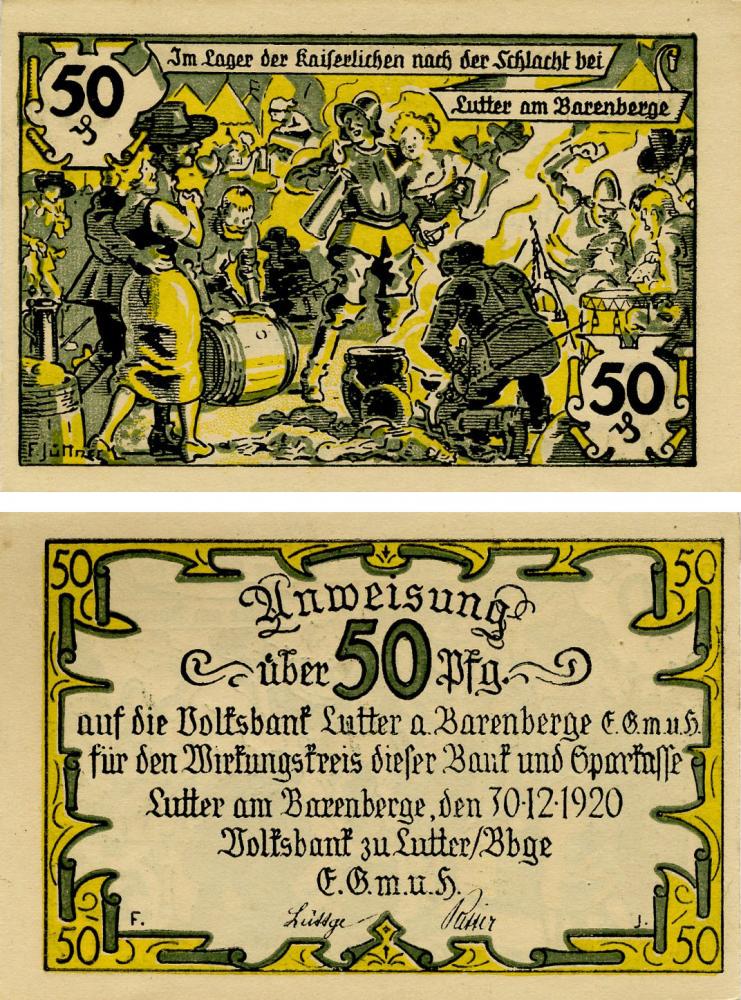 Коллекционная банкнота Германия Нотгельд 50 пфеннигов 1920 F-VF Луттер-ам-Баренберге (Б16202)