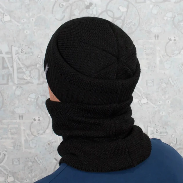 Комплект зимовий чоловічий шапка з відворотом/снуд-баф на флісі Чорний (2549773930) - фото 4