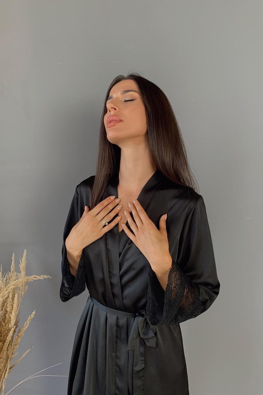 Халат женский Julia Ulich с кружевным рукавом шелк-сатиновый XL Черный (4120_25) - фото 2 Халат женский Julia Ulich с кружевным рукавом шелк-сатиновый XL Черный (4120_25) - фото 2