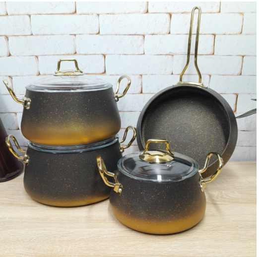 Набір посуду зі сковорідкою OMS з антипригарним покриттям для індукціі 7 предметів Золотий (3041-gold)