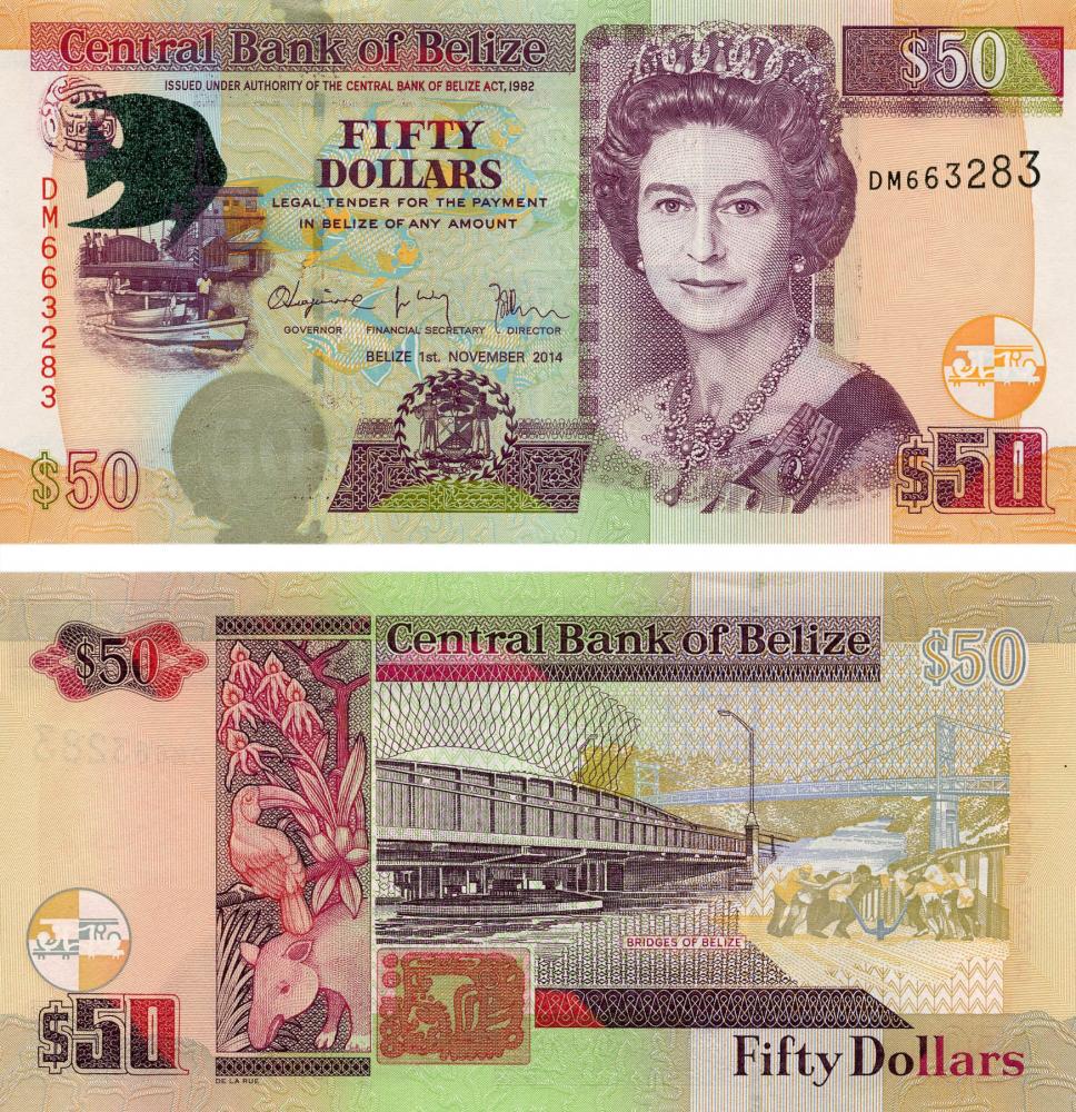 Коллекционная банкнота Белиз 50 долларов 2014 UNC P70e (Б05434)