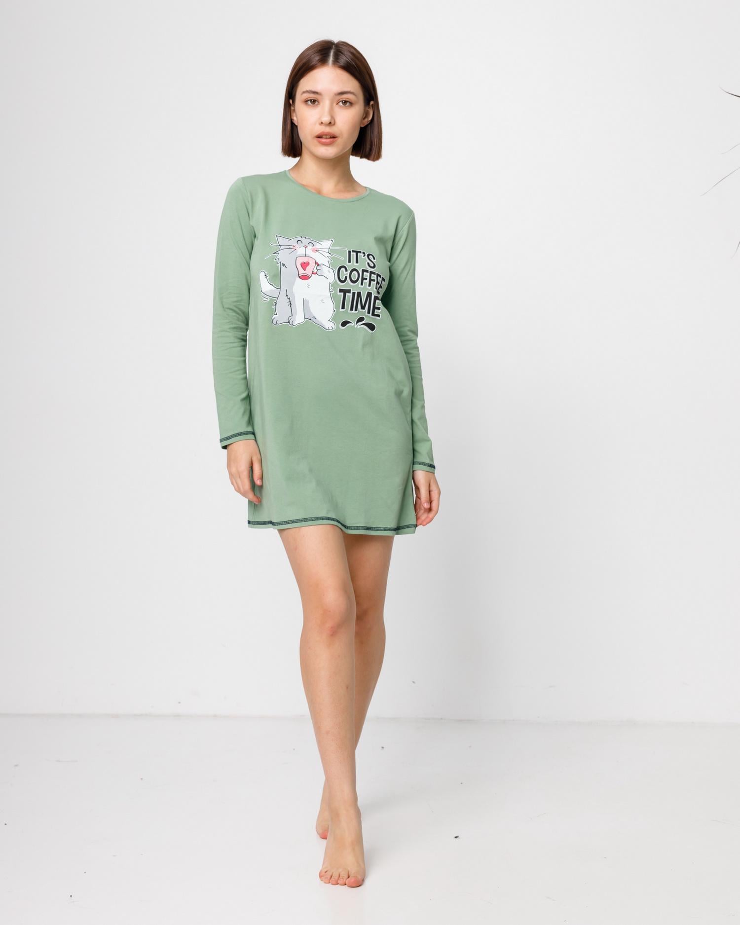 Туника хлопковая с длинным рукавом Coffee time S Светлый хаки (83611)