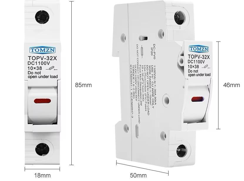 Тримач запобіжника TOMZN +1 32 А DC до 1000V однополюсний 1Р для сонячних панелей PV gPV TOPV-32 на DIN рейку 10x38 мм (98042728) - фото 2