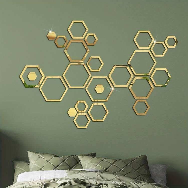 Наклейка на стену зеркальная Hexagon акриловая для декора интерьера 24 шт. Золотой