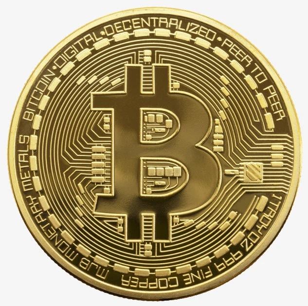 Сувенир золотая монета Bitcoin на удачу в пластиковом боксе (2494307997)