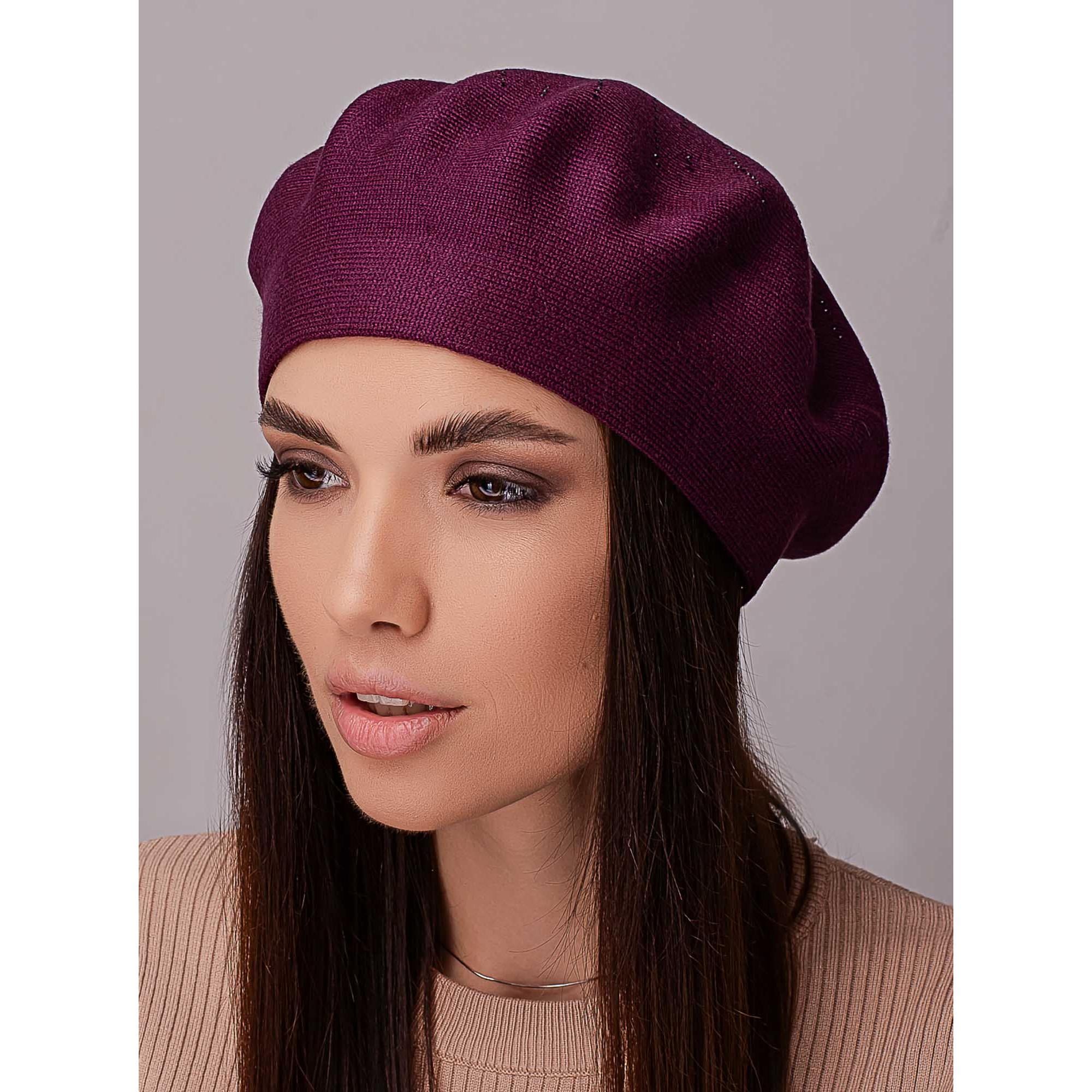 Берет віскозний жіночий з додаванням вовни без підкладки прикрашений стразами Leks Акація Баклажан