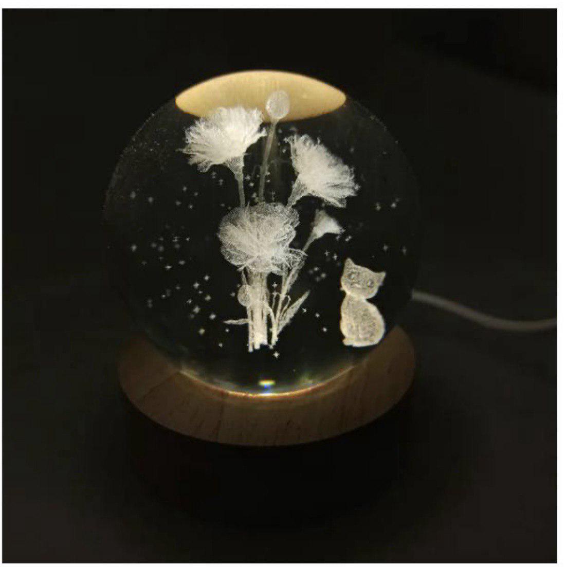 Ночник-хрустальный шар Васильки на деревянной подставке LED подсветки/от USB 8 см (м00169)