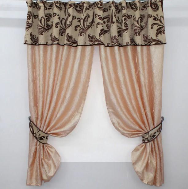 Шторки кухонные с ламбрекеном и подвязками 260х170 см Персиковый/Коричневый (073к)