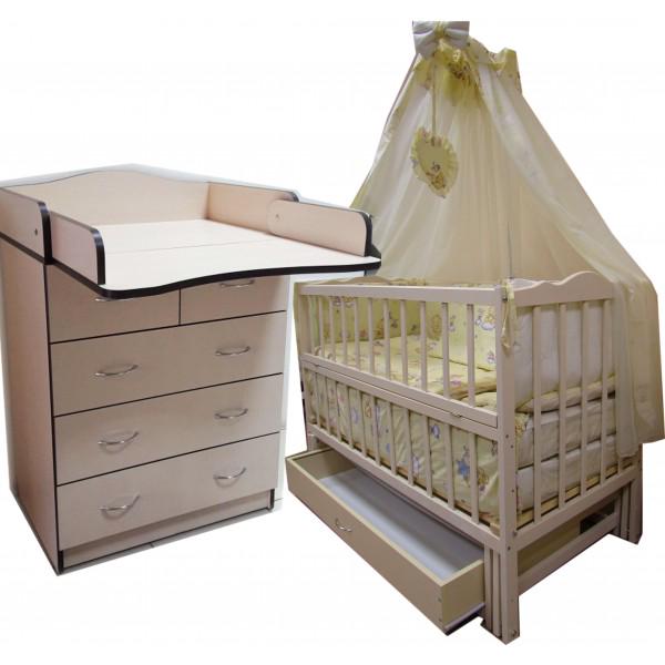 Комплект Малыш: комод 3+2 Венге светлый/кроватка-маятник без ящика Ваніль /матрас Кокос/постельный набор