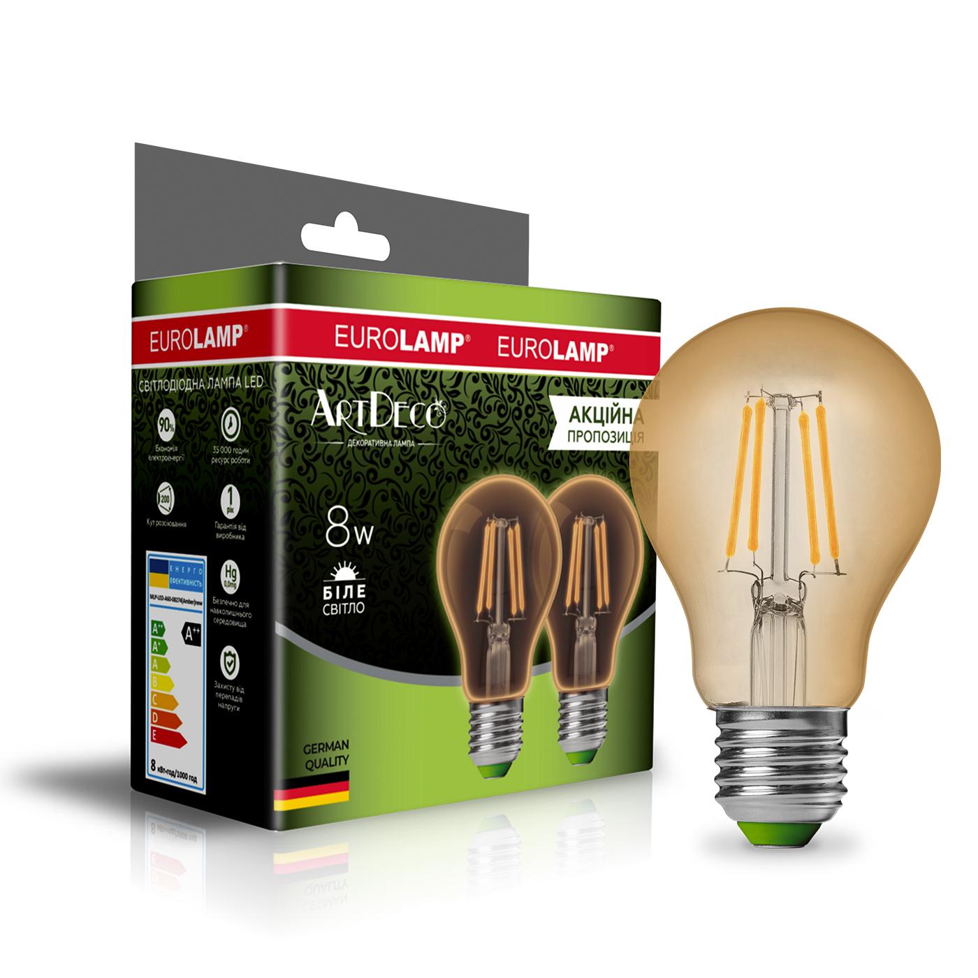 Лампа филамент Eurolamp LED A60 8W E27 4000K Deco 2 шт. (12493845) Лампа филамент Eurolamp LED A60 8W E27 4000K Deco 2 шт. (12493845)