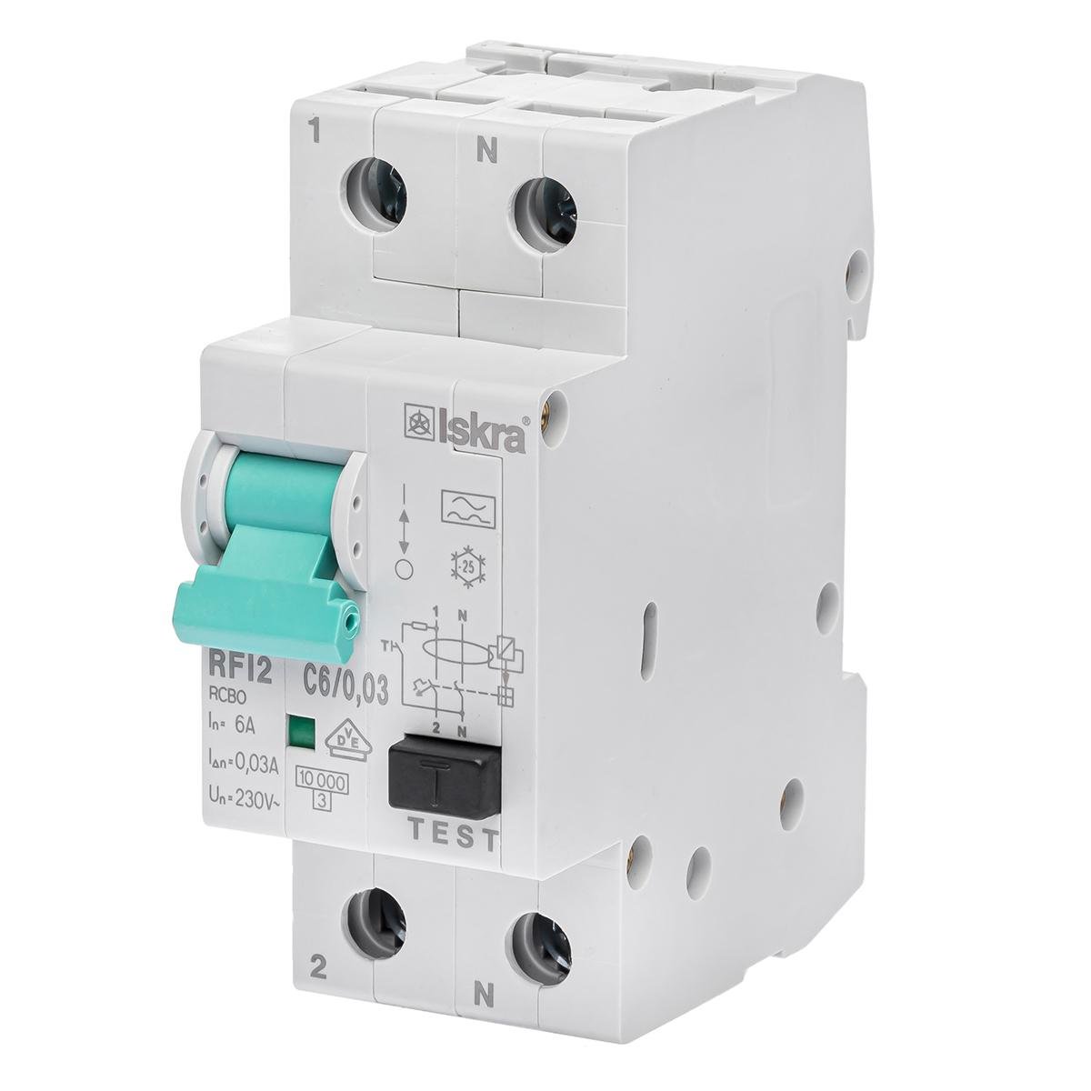 Дифференциальный выключатель ISKRA RFI2C6A 1P+N 6 A AC 30 mA DIN IP20 автоматический (786100613000)