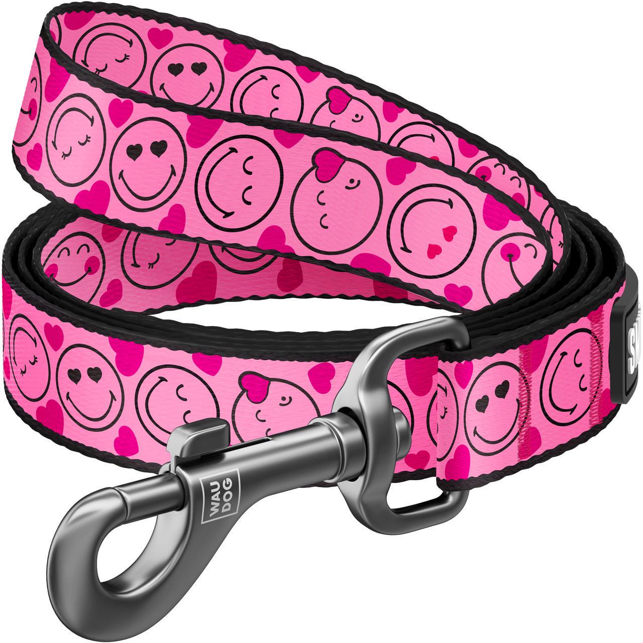 Поводок для собак нейлоновый Waudog Nylon Смайлики на розовом L-XXL 122 см 25 мм (342-0187)