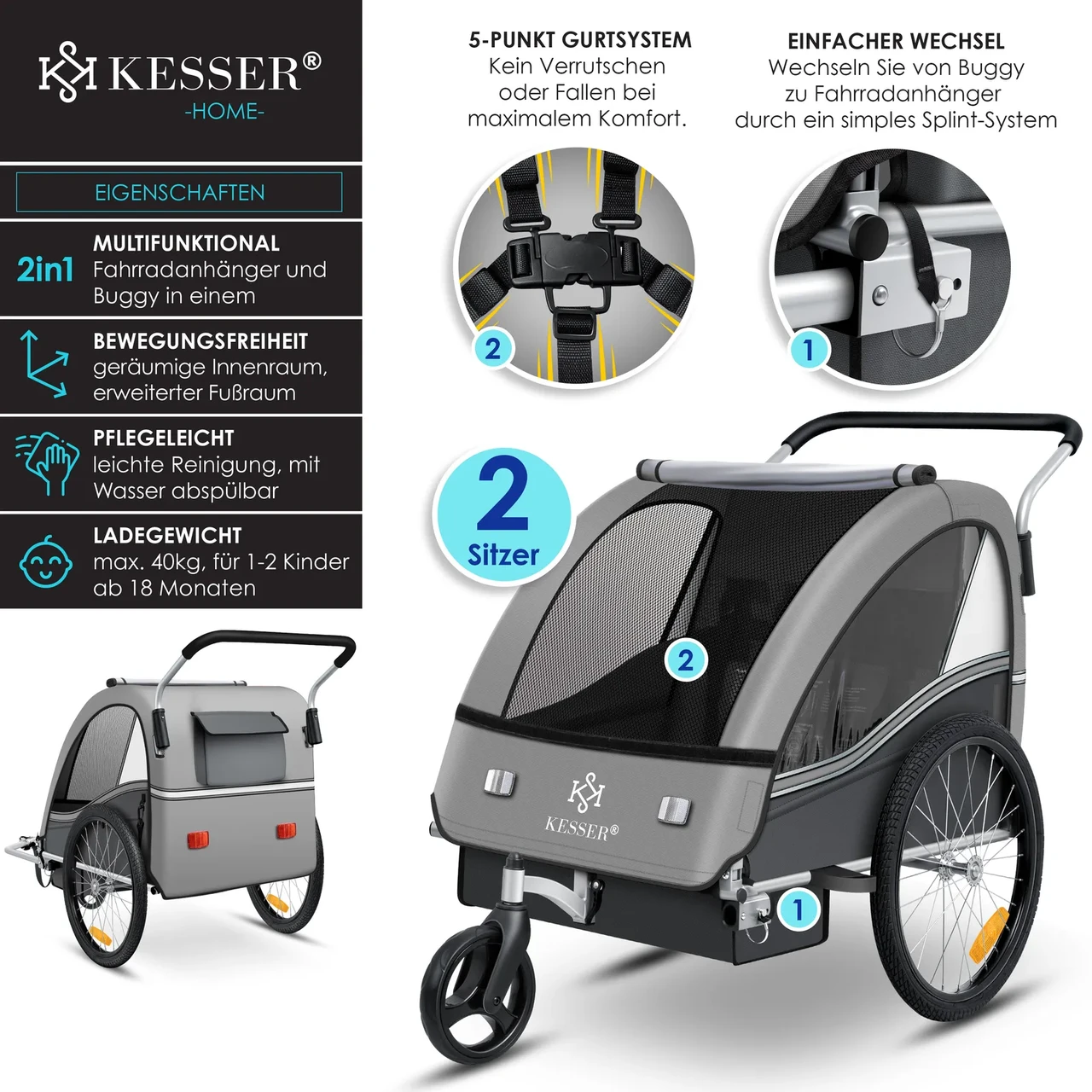 Коляска-причіп дитячий KESSER 2в1 (2343179877) - фото 3 Коляска-причіп дитячий KESSER 2в1 (2343179877) - фото 3