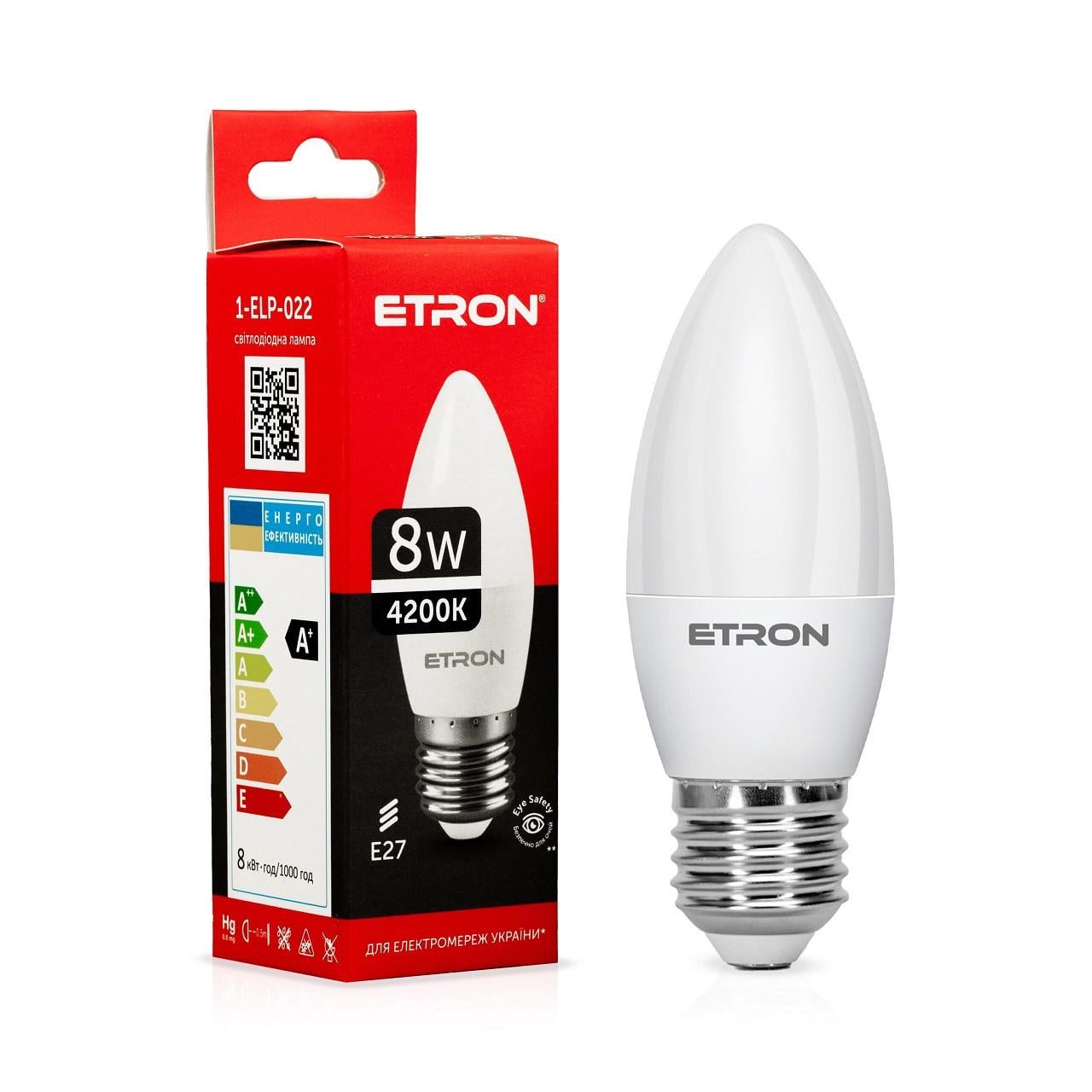 Лампа LED ETRON Light 1-ELP-022 C37 8W 220V E27 4200K