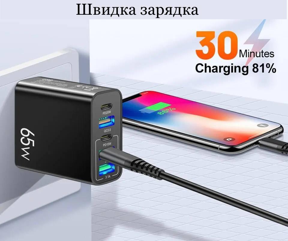 Зарядное устройство USB Type-C с 5 портами 65W Черный (76699749) - фото 2