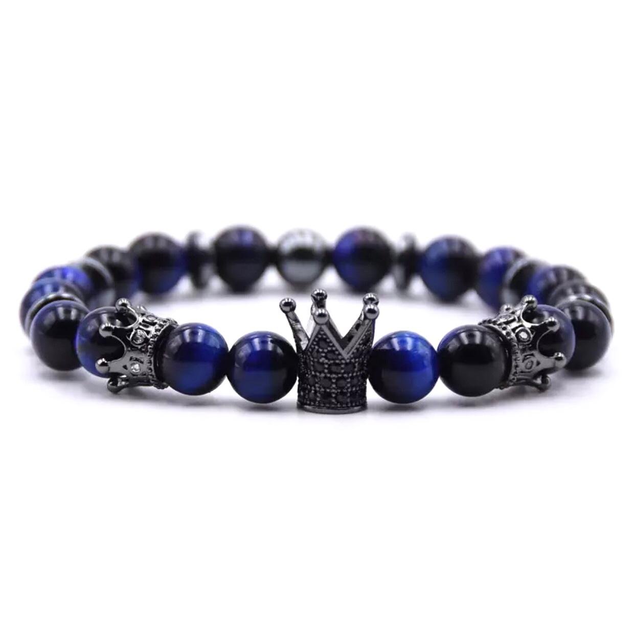 Браслет із тигрового ока з коронами та дисками р. 18 Синій/Чорний (20051)