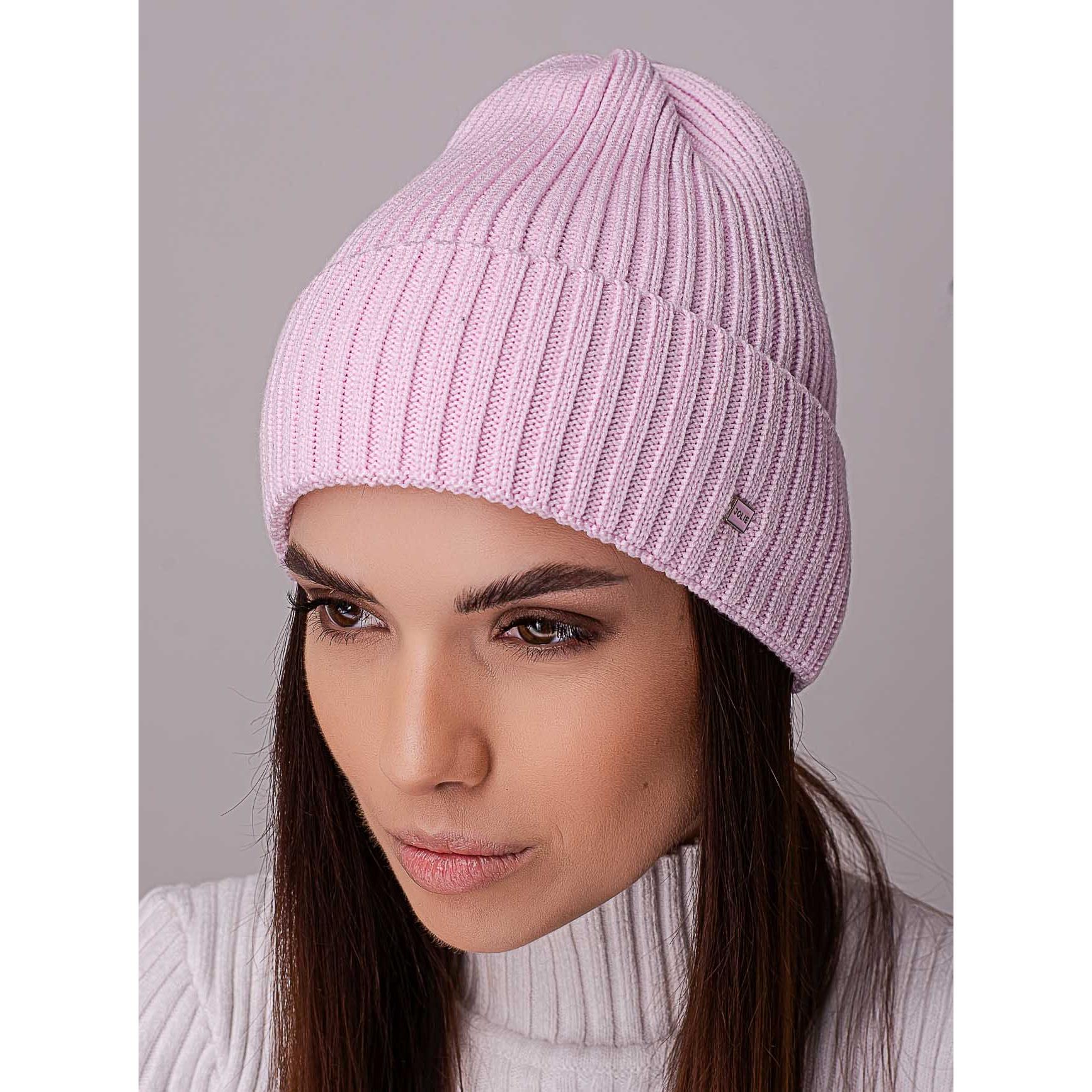 Шапка жіноча ковпак з відворотом без підкладки в широкий рубчик Leks Ковель Світло-рожевий - фото 1