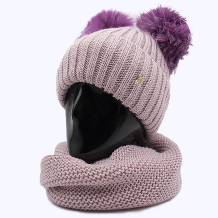 Шапка молодіжна Lirus Пума з двома песцовими бубонами на флісовій підкладці one size Рожевий (57060)