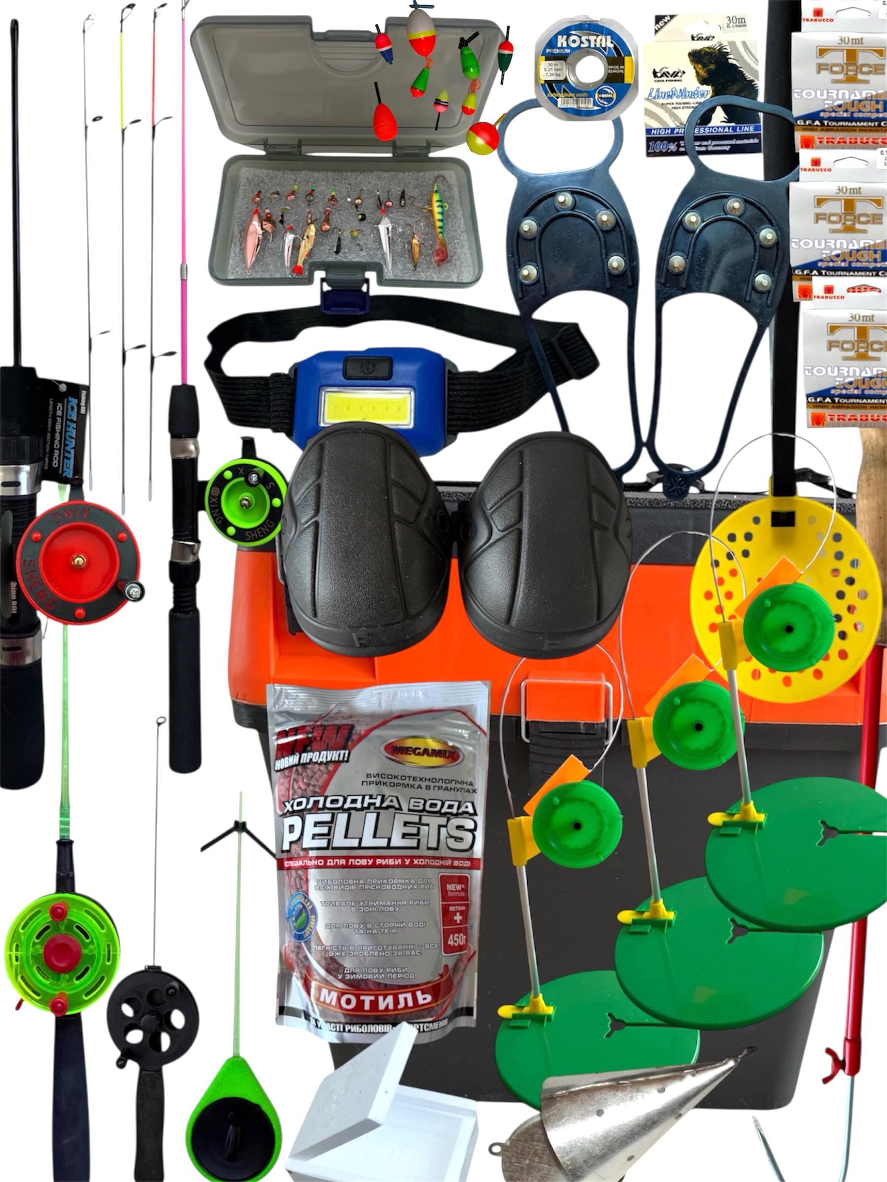 Ящик №2 для зимової риболовл вудка 5 шт./блешня поплавці/підгодовування/льодоступи/наколінники/багор/черпак (24522920)