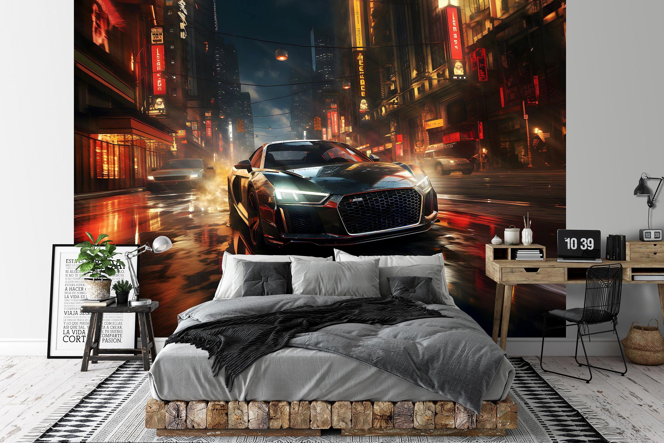 Фотошпалери флізелінові 3D Чорна машина у нічному місті з клеєм 368x254 см (14758V8) - фото 3