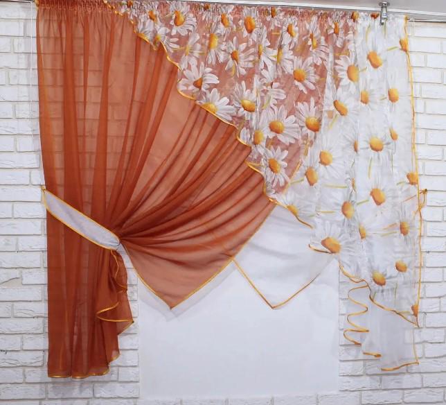 Комплект штор с подвязками на кухню 300х170 см Коричневый (063к е856) Комплект штор с подвязками на кухню 300х170 см Коричневый (063к е856)